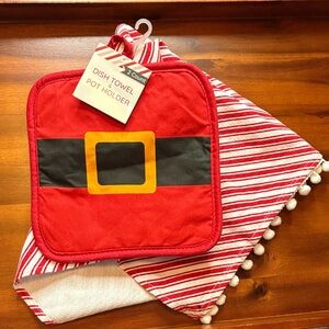 Festive Red Santa Pot Holder and Towel Set